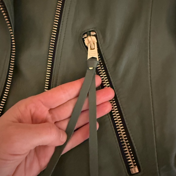 All Saints Dalby Biker 100% lamb leather moto jacket sage green size 6 NWT - Picture 12 of 14